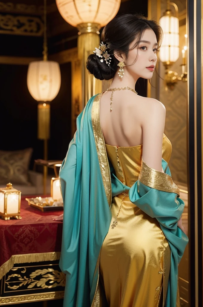 (((best quality))),(((ultra detailed))),(((masterpiece))),illustration,1 girl,solo,slim,thin,shoulder length straight bob hair,earrings,necklace,Asian appearance,princess,royal,Chinese palace,night scene,magnificent dragon gown,golden crown,intricate embroidery,luxurious fabric,precious stones,metallic throne,decorative patterns,rich decorations,luxurious furnishings,regal charm,beautiful face,gentle smile,bright eyes,historical,traditional,city lights,modernity,frozen moment,beauty of the past,evolution of time,from back,upper body,standing,((bare back,towering hips,butt crack))
