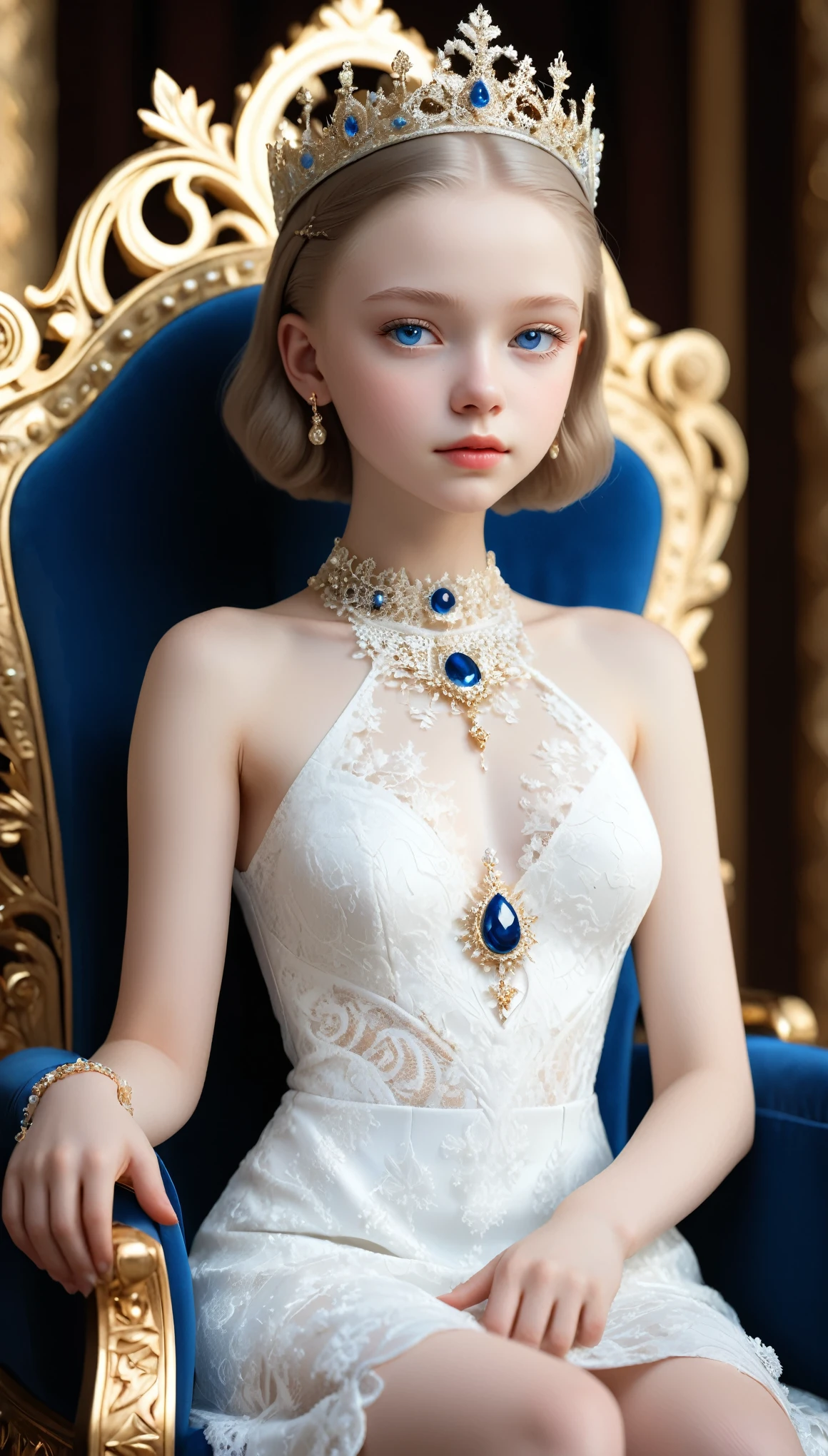 ((Bokeh:1.5)),((Soft focus:1.5)),, young queen, sitting on the majestic throne, highly detailed majestic throne, stunning beautiful young albino girl,, alabaster skin, very short brown hair,((Slicked back hair)),(head chain with jewelry stone),((viewed from side:1.2)), (looking at viewer:1.5), white royal dress, Beautiful blue eyes, soft expression, Depth and Dimension in the Pupils, She wears white delicate fractal pattern lace dress, , creating a sense of movement and depth. ,3d toon style