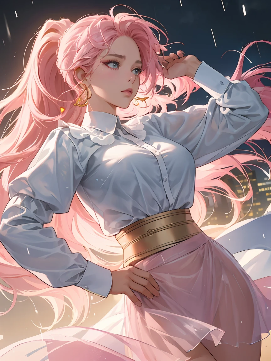 (best quality:1.5, high resolution, Ultra HD, 4K, Detailed lighting, Shaders), Pink Hair, Gradient hair, Large Breasts, Transparent set, Length of hair, Ponytail, Transparent gray shirt, Transparent social shirt, Transparent skirt, Mature woman , (Throw), White background, Colored eyeshadow, Dramatic Lighting, Bright Eyes, Emotional expression, Gold earrings, Flowing hair, Exquisite facial features, Dark Skin, High cheekbones, rain, city environment, White background, Don't look for the camera, Lean over, View from behind, Wet by the rain.