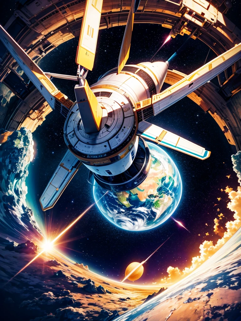 Highest quality,Highest Resolution,Android flying in space,Earth in the background,Spaceship,