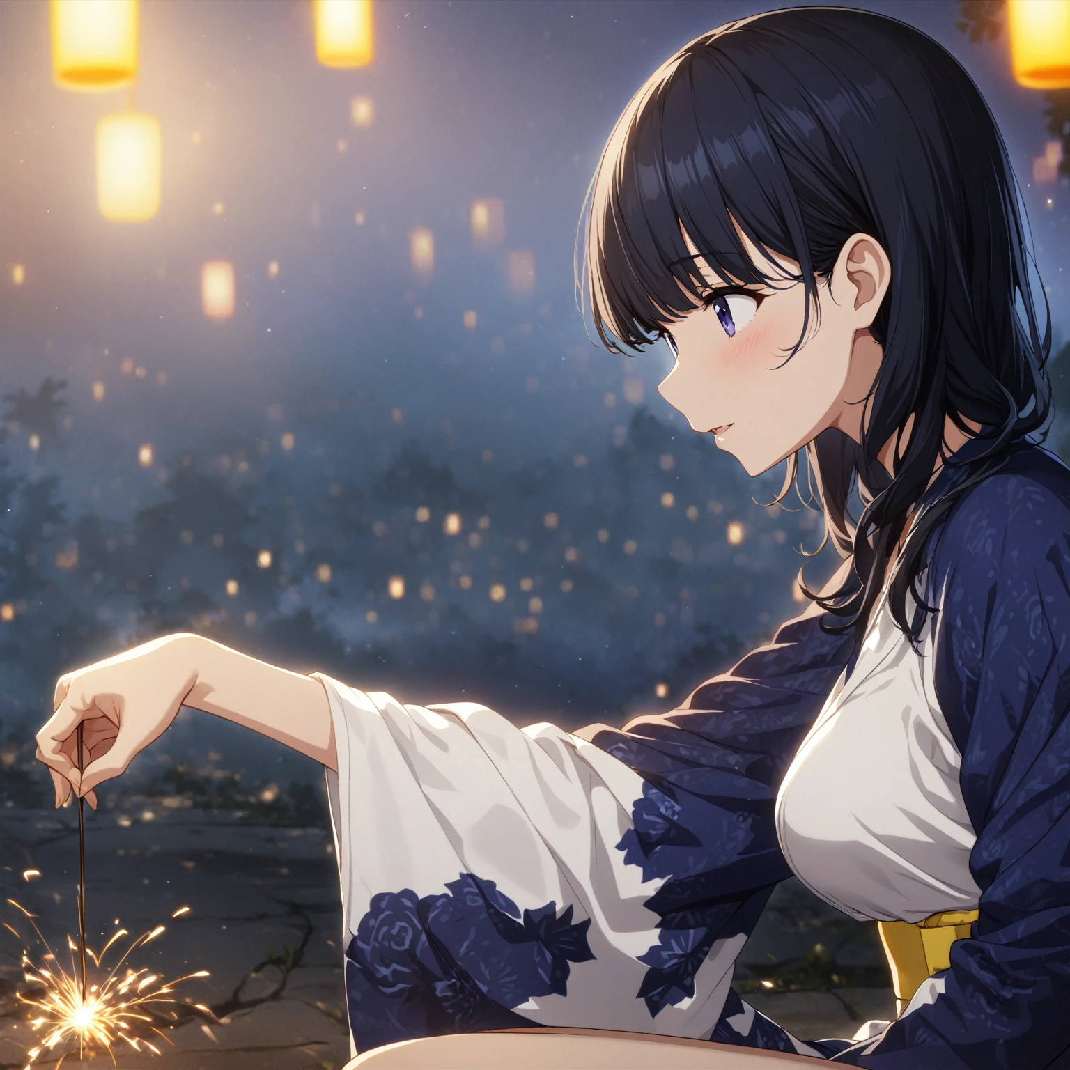 1girl、Black Hair、Indigo yukata、Yellow belt、squat、Sparkler、night、Illuminate the face、extremely detailed CG、high resolution