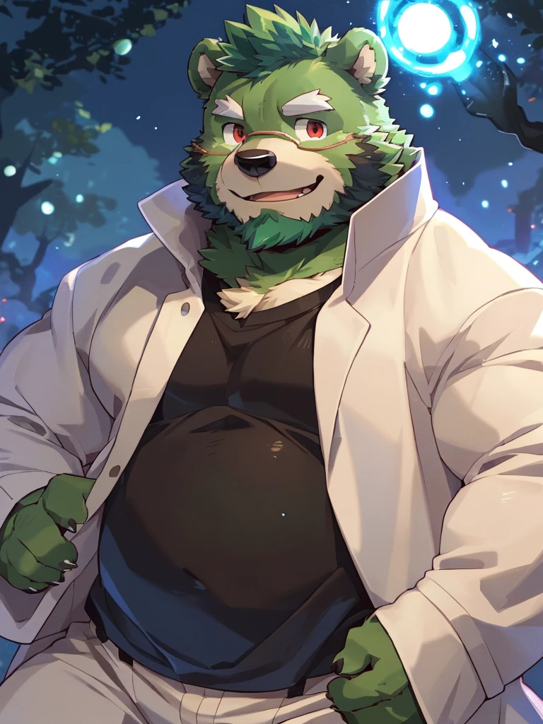 anthro, kemono, male, solo, ((round face, very plump face, thick beard)), (((dark beard))), ((endomorph body type, old-aged)), ((green bear, bear) fluffy fur, fluffy), (at old ruin, dungeons), bokeh, (high quality, highres, masterpiece), (dynamic lighting, vivid color), (generous smile), (face focus), front view (close up), cartoon, (((green bear))), (((green fur))), green hair, beard, white eyebrows, bald, detailed red eyes, tall, mage staff, magic, (black t-shirt inside), (((white unhooded trench coat ))), by zixiong, by takemoto arashi, by zixiong, (by null-ghost:0.8), (by t.y.stars:0.4),