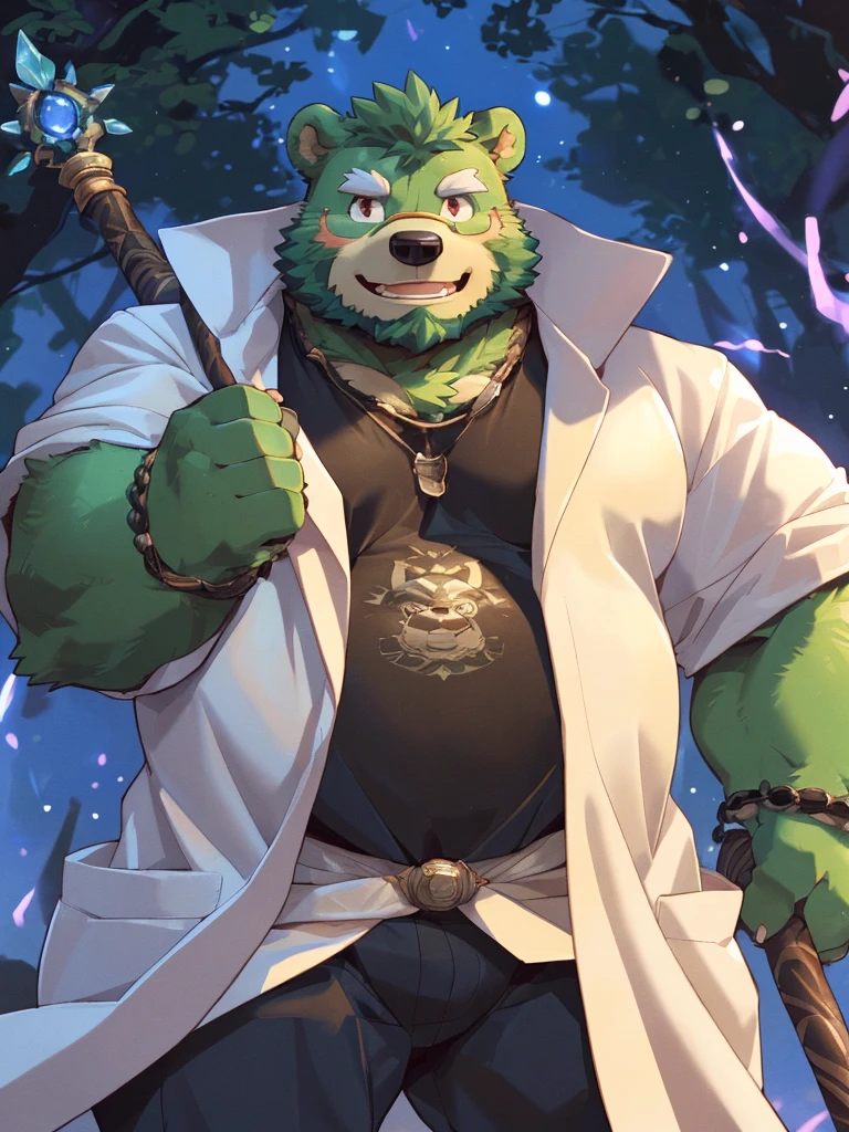 anthro, kemono, male, solo, ((round face, very plump face, thick beard)), (((dark beard))), ((endomorph body type, old-aged)), ((green bear, bear) fluffy fur, fluffy), (at old ruin, dungeons), bokeh, (high quality, highres, masterpiece), (dynamic lighting, vivid color), (generous smile), (face focus), front view (close up), cartoon, (((green bear))), (((green fur))), green hair, beard, white eyebrows, bald, detailed red eyes, tall, mage staff, magic, (black t-shirt inside), (((white unhooded trench coat ))), by zixiong, by takemoto arashi, by zixiong, (by null-ghost:0.8), (by t.y.stars:0.4),