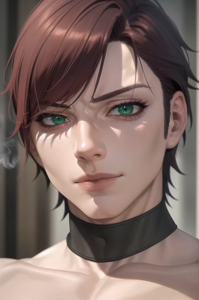 A fierce anime boy with sharp facial features, red wine-colored hair, and striking green eyes, smoking a cigarette, masterpiece, (best quality,4k,8k,highres,masterpiece:1.2),ultra-detailed,(realistic,photorealistic,photo-realistic:1.37),1boy,beautiful detailed eyes,beautiful detailed lips,extremely detailed eyes and face,long eyelashes,sharp facial features,red wine hair,green eyes,smoking,intense expression,dramatic lighting,cinematic,moody,chiaroscuro,vibrant colors,glowing skin