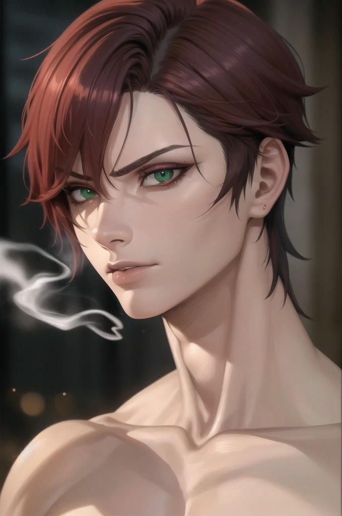 A fierce anime boy with sharp facial features, red wine-colored hair, and striking green eyes, smoking a cigarette, masterpiece, (best quality,4k,8k,highres,masterpiece:1.2),ultra-detailed,(realistic,photorealistic,photo-realistic:1.37),1boy,beautiful detailed eyes,beautiful detailed lips,extremely detailed eyes and face,long eyelashes,sharp facial features,red wine hair,green eyes,smoking,intense expression,dramatic lighting,cinematic,moody,chiaroscuro,vibrant colors,glowing skin