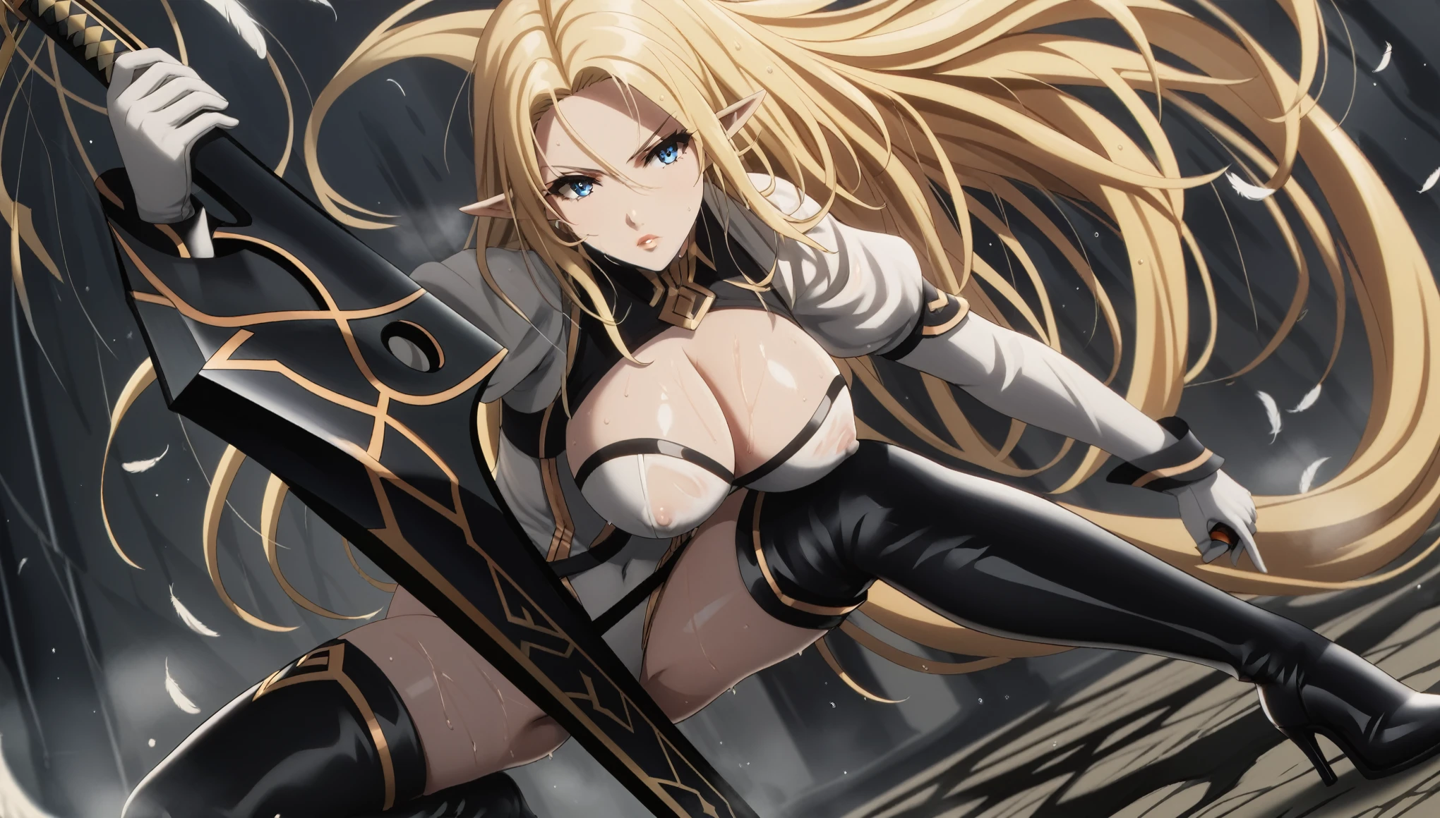 score_9, score_8_up, score_7_up, score_6_up, uncensored, Alpha, absurdly long hair, blue eyes, blonde hair, very long hair, pointy ears, lips, shiny skin, sweating, wet, wet hair, steaming body, heavy breathing, large breasts, detailed body, detailed eyes, annoyed, glaring eyes, large breasts, BREAK (masterpiece:1.2), best quality, high resolution, unity 8k wallpaper, (illustration:0.8), (beautiful detailed eyes:1.6), extremely detailed face, perfect lighting, extremely detailed CG, (perfect hands, perfect anatomy), hollow eyes, bright pupils, thighhighs, forest, gloves, long sleeves, holding, cleavage, weapon, boots, parted lips, puffy sleeves, shiny, sword, spread legs, black footwear, holding weapon, high heels, covered nipples, leotard, lips, clothing cutout, thigh boots, highleg, holding sword, cleavage cutout, squatting, katana, robot, juliet sleeves, highleg leotard, high heel boots, shiny clothes, white leotard, thighhighs under boots, feather trim, feather-trimmed sleeves, leather boots, "glow effects, godrays, Hand drawn, render, 8k, octane render, cinema 4d, blender, dark, atmospheric 4k ultra detailed, cinematic, big depth of field, concept art, Vivid colors, Intricate, High Detail, dramatic", 
