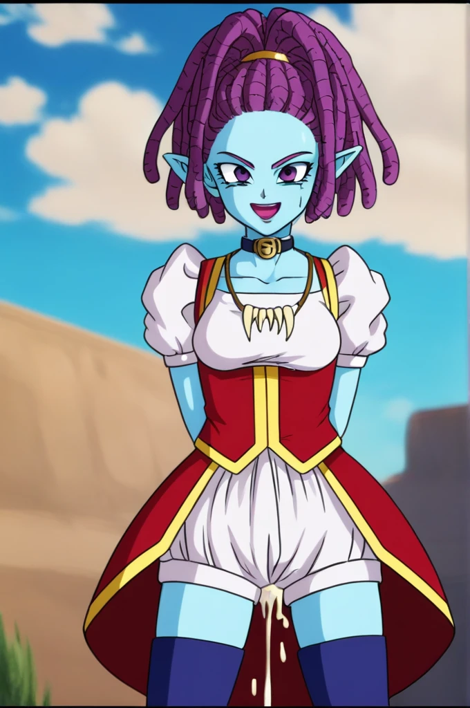 source_anime, score_9, score_8_up, score_7_up, anime screencap,
masterpiece, detailed face, 8k, high quality, 
mackidbs, purple lips, purple hair, blue skin, dreadlocks, pointy ears, tied-up hair
red dress, white undershirt, gold trim. red fingerless gloves, blue thigh boots, choker, puffy short sleeves, white shorts, tooth necklace, 
happy, blue sky,
outdoors, field, sunlight, anal sex, cum, cum in ass, cumming, eyes rolling back, torn clothes, open mouth, pussy, penis, full nelson, squinting, tongue out, evil smile, sweating, open mouth, penis deep in ass,
 