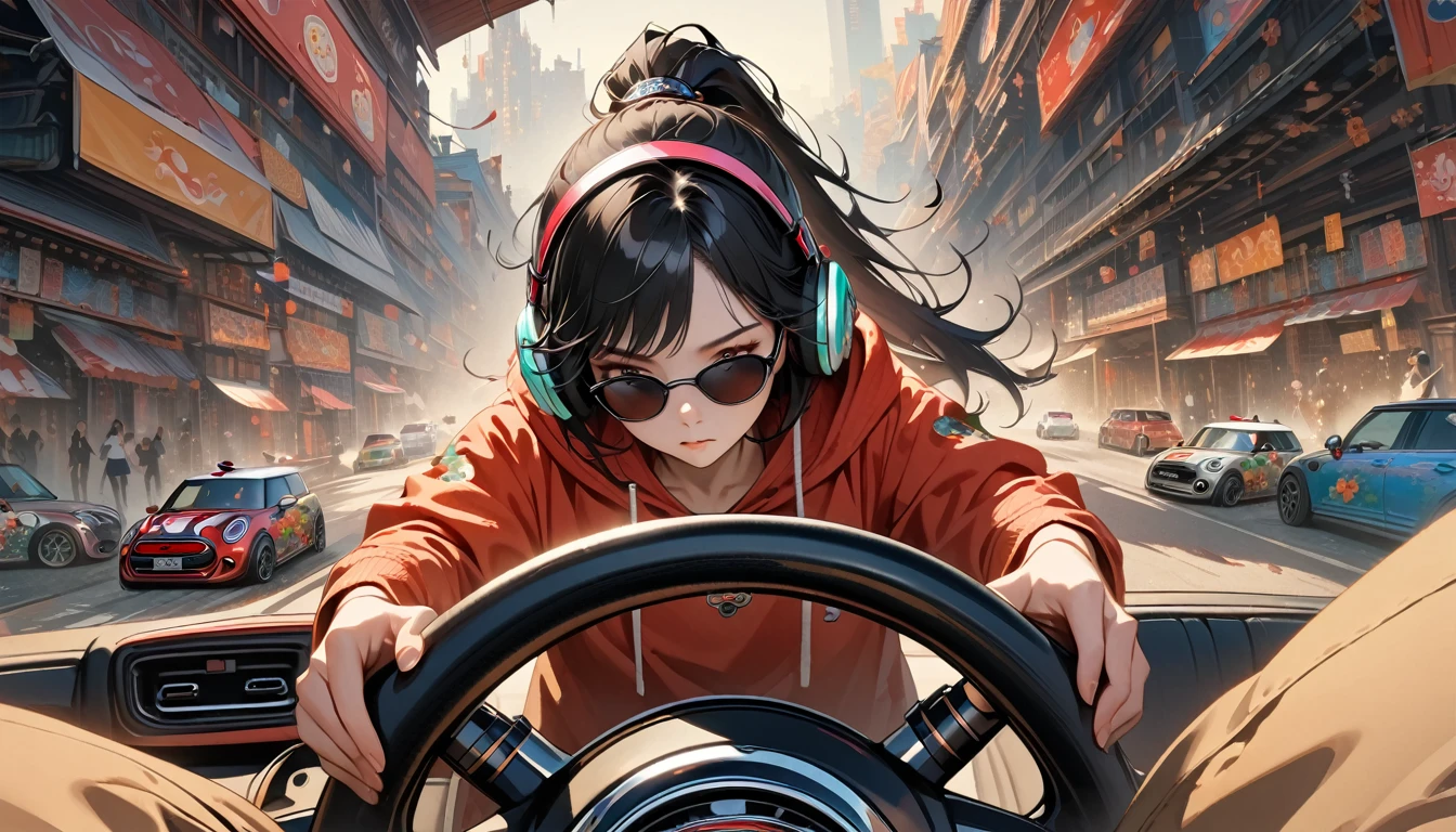 ((8k of extremely detailed CG unit, Masterpiece, high resolution, highest quality, highest quality real texture skin)), (wearing Japanese pattern headphones), ((1 girl)), (((He is driving a Mini Cooper with both hands on the steering wheel and facing forward.))), (((sunglasses, ponytail))), (Japanese pattern hoodie, Japanese-style shorts), (Black hair, messy hair, beige skin), (surreal, digital painting)