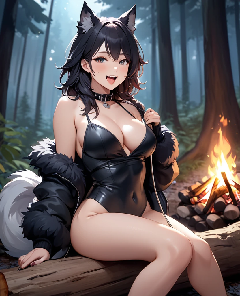 sitting in front of campfire on log, female, 30 years old, happy, mouth open with tongue hanging out, black leather jacket, anthro, wolf ears, (black fur:1.5), wolf, forest background, 8k, hi res, (best quality, masterpiece), (wolf tail:1.5), detailed fur, solo, looking at camera, night, leashing and collar, body fur, breasts, pussy