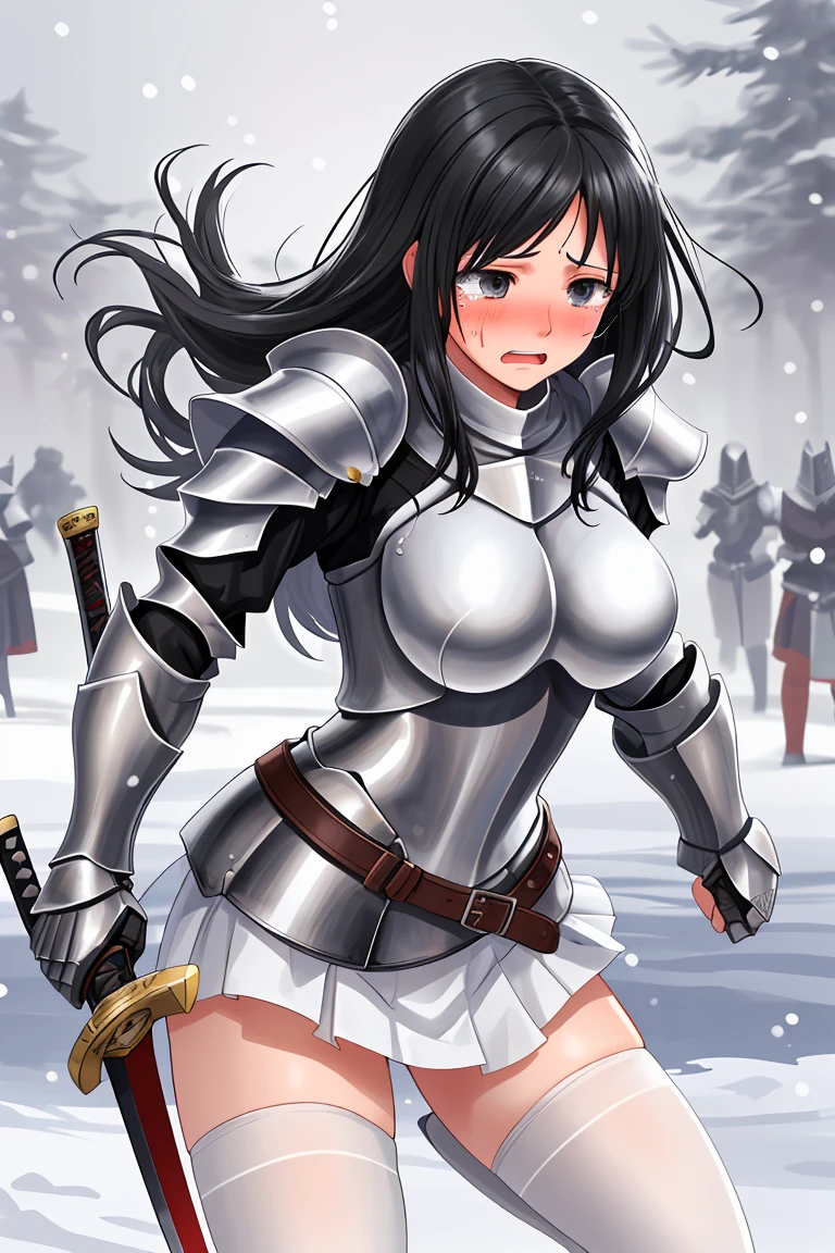 female knight　Silver Armor　Large sword　Black Hair　Beautiful breasts　Shortcuts　Torn white miniskirt　Torn white tights　battlefield　snow　Holding back tears