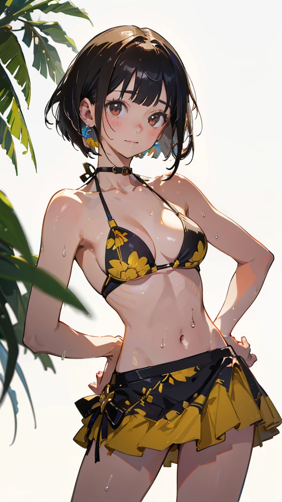 (Highest quality, masterpiece, High resolution)、(Anime Art)、 (reality)、Beautiful woman、(1 female)、18-year-old、(Please put your hands on your hips)、(Detailed depiction of a beautiful face)、Smiling Kindly、chest、Slim figure、medium short hair、semi-long、Two-tone hair、Wet、Sweat、bikini、micro bikini、A pareo skirt with bold ethnic patterns and plenty of primary colors、Realistic Skin、Wet、whole body、No zoom、No close-ups、Cinematic Light、Tropical colors、(Blank Background)、(White Background)、Perfect Face, Cute and symmetrical face, Shiny skin, Sunburned skin, (short hair:1.2, Bobcut:1.2, Brown Hair), Asymmetrical bangs, Oil