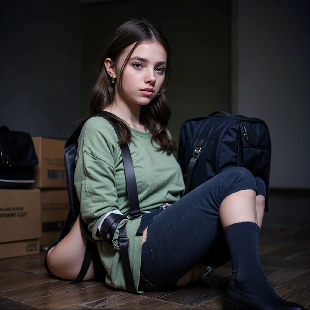 1 -yeld gi dark green color, a slightly wide nose, hair on the floor and a part behind her ear, a red blouse and a blue-checked sweatshirt, open lips, a little thick, eyebrows, arched stockings, navy blue jeans, military boots and a backpack. black