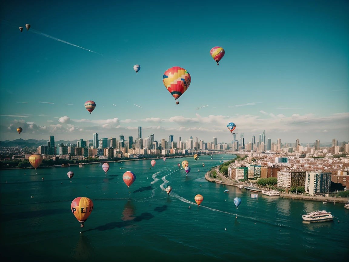 balloons floating in the air over a city with a view of a city, a colorized photo by Chris LaBrooy, pexels contest winner, surrealism, baloons, balloons, balloons, floating in the air, flying in the air over city, happy birthday, floating in air, balloon, flying over a city, detailed conceptual photography, soaring above a dense city