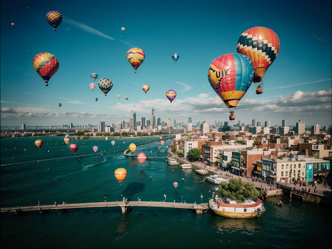 balloons floating in the air over a city with a view of a city, a colorized photo by Chris LaBrooy, pexels contest winner, surrealism, baloons, balloons, balloons, floating in the air, flying in the air over city, happy birthday, floating in air, balloon, flying over a city, detailed conceptual photography, soaring above a dense city