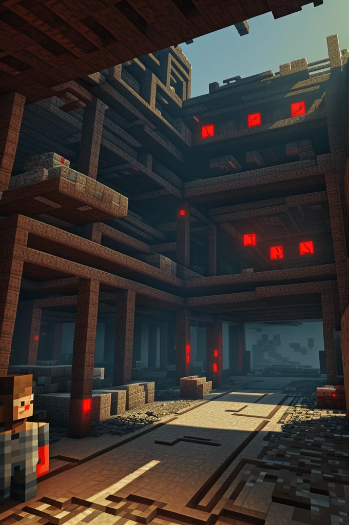 A laboratory in ruins, with a Minecraft style red light