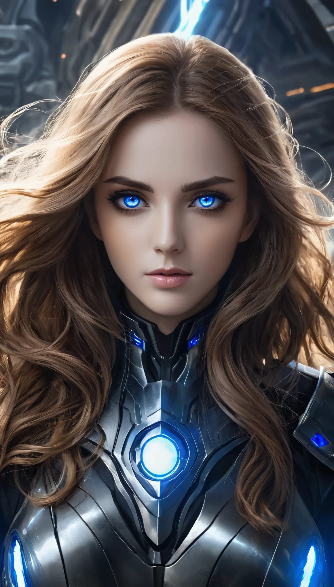 Big black eyes, aura, long wavy hair of light brown color,, Black and blue sci-fi armor, SF wind, high quality, atmosphere, war, beautiful symmetrical face