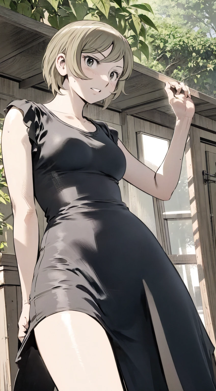 、(masterpiece、Highest quality)、Highest quality, Ultra-high resolution, (((masterpiece))), alone, Sweat、Big eyes, Please show me your armpits, No sleeve、Outdoor、Floral dress、Composition from the front、(Cut the back hair short、short hair、blonde、woman)、Shortcuts、Embarrassed face、Cut your hair short、可愛いwomanの子、Big Breasts