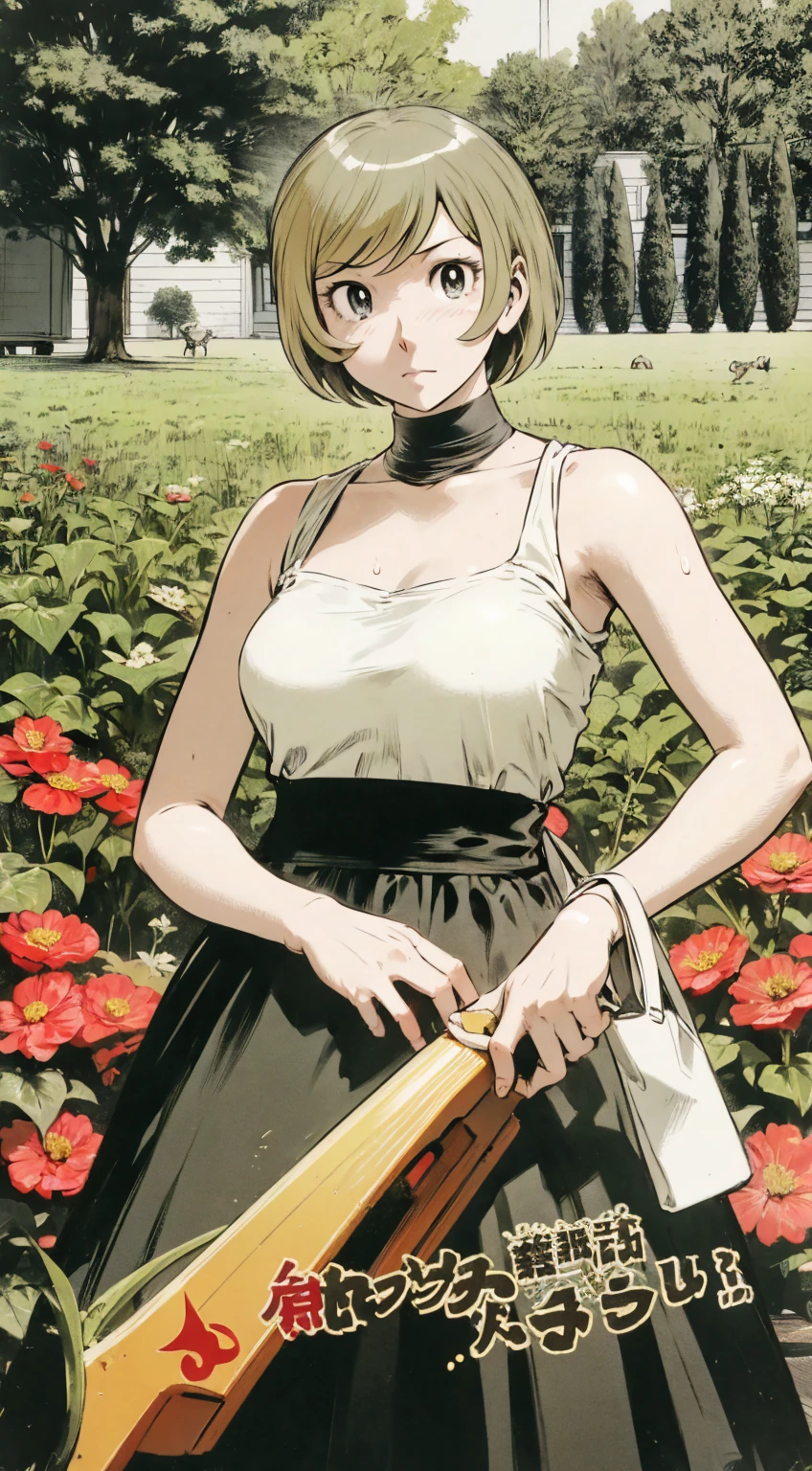 、(masterpiece、Highest quality)、Highest quality, Ultra-high resolution, (((masterpiece))), alone, Sweat、Big eyes, Please show me your armpits, No sleeve、Outdoor、Floral dress、Composition from the front、(Cut the back hair short、short hair、blonde、woman)、Shortcuts、Embarrassed face、Cut your hair short、可愛いwomanの子、Big Breasts