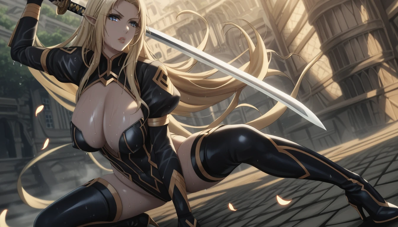 score_9, score_8_up, score_7_up, score_6_up, uncensored, Alpha, absurdly long hair, blue eyes, blonde hair, very long hair, pointy ears, lips, shiny skin, sweating, wet, wet hair, steaming body, heavy breathing, large breasts, detailed body, detailed eyes, annoyed, glaring eyes, large breasts, BREAK (masterpiece:1.2), best quality, high resolution, unity 8k wallpaper, (illustration:0.8), (beautiful detailed eyes:1.6), extremely detailed face, perfect lighting, extremely detailed CG, (perfect hands, perfect anatomy), hollow eyes, bright pupils, thighhighs, forest, gloves, long sleeves, holding, cleavage, weapon, boots, parted lips, puffy sleeves, shiny, sword, spread legs, black footwear, holding weapon, high heels, covered nipples, leotard, lips, clothing cutout, thigh boots, highleg, holding sword, cleavage cutout, squatting, katana, robot, juliet sleeves, highleg leotard, high heel boots, shiny clothes, white leotard, thighhighs under boots, feather trim, feather-trimmed sleeves, leather boots, "glow effects, godrays, Hand drawn, render, 8k, octane render, cinema 4d, blender, dark, atmospheric 4k ultra detailed, cinematic, big depth of field, concept art, Vivid colors, Intricate, High Detail, dramatic",