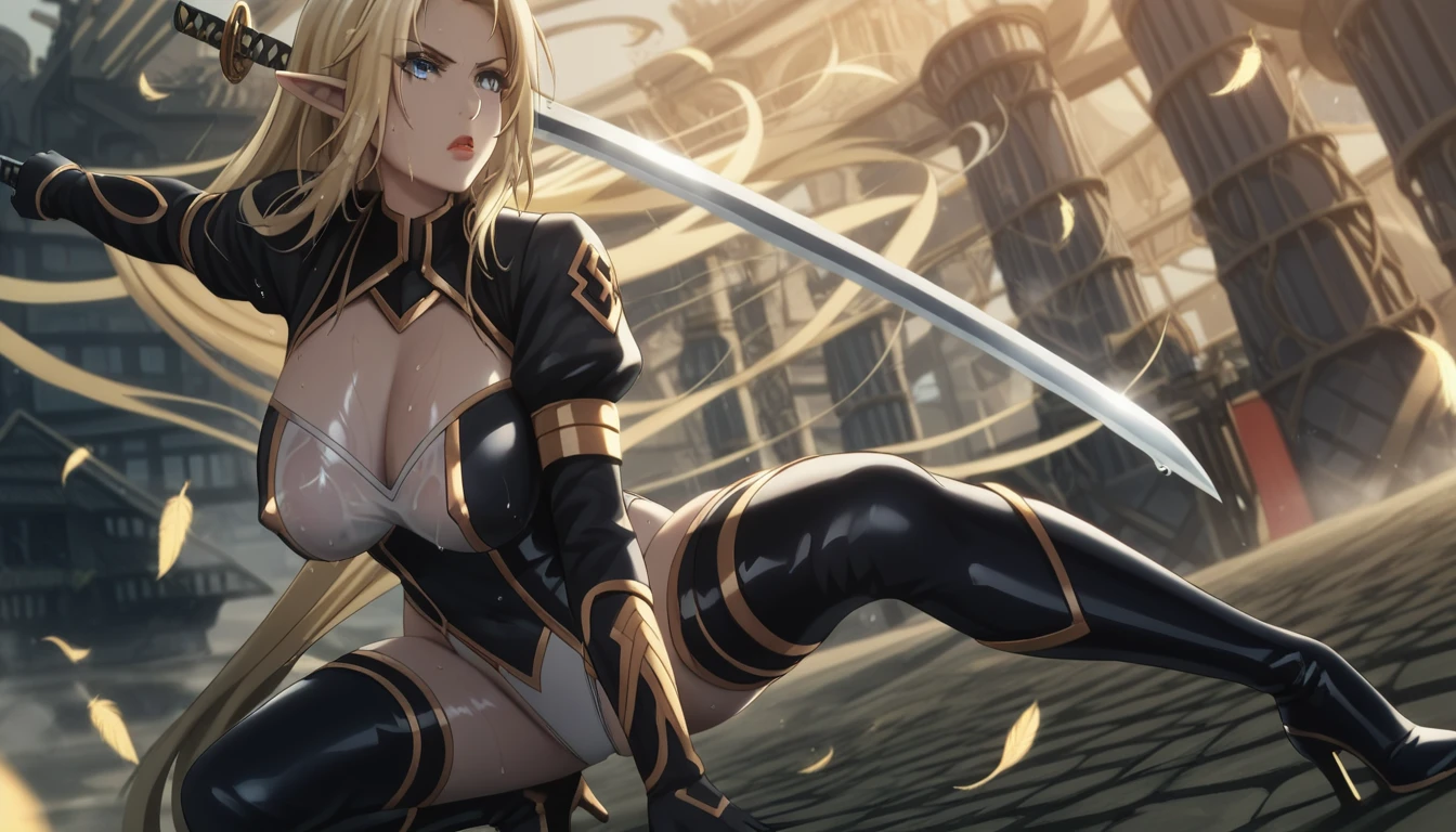 score_9, score_8_up, score_7_up, score_6_up, uncensored, Alpha, absurdly long hair, blue eyes, blonde hair, very long hair, pointy ears, lips, shiny skin, sweating, wet, wet hair, steaming body, heavy breathing, large breasts, detailed body, detailed eyes, annoyed, glaring eyes, large breasts, BREAK (masterpiece:1.2), best quality, high resolution, unity 8k wallpaper, (illustration:0.8), (beautiful detailed eyes:1.6), extremely detailed face, perfect lighting, extremely detailed CG, (perfect hands, perfect anatomy), hollow eyes, bright pupils, thighhighs, forest, gloves, long sleeves, holding, cleavage, weapon, boots, parted lips, puffy sleeves, shiny, sword, spread legs, black footwear, holding weapon, high heels, covered nipples, leotard, lips, clothing cutout, thigh boots, highleg, holding sword, cleavage cutout, squatting, katana, robot, juliet sleeves, highleg leotard, high heel boots, shiny clothes, white leotard, thighhighs under boots, feather trim, feather-trimmed sleeves, leather boots, "glow effects, godrays, Hand drawn, render, 8k, octane render, cinema 4d, blender, dark, atmospheric 4k ultra detailed, cinematic, big depth of field, concept art, Vivid colors, Intricate, High Detail, dramatic",