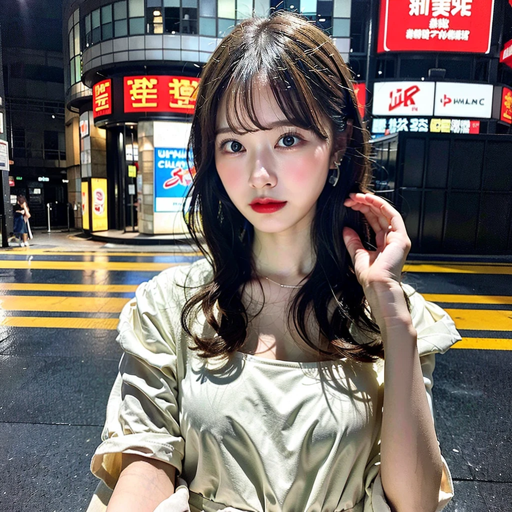 (Highest quality, 8K, 32k, masterpiece, Ultra-high resolution: 1.2), Cute Japanese Women Photos, Short Bob Hair, Full body view, Extra Large_one piece, Earrings, Model pose,(Cinematic aesthetics:1.4) Beautiful fashion model blurred Shibuya night photo