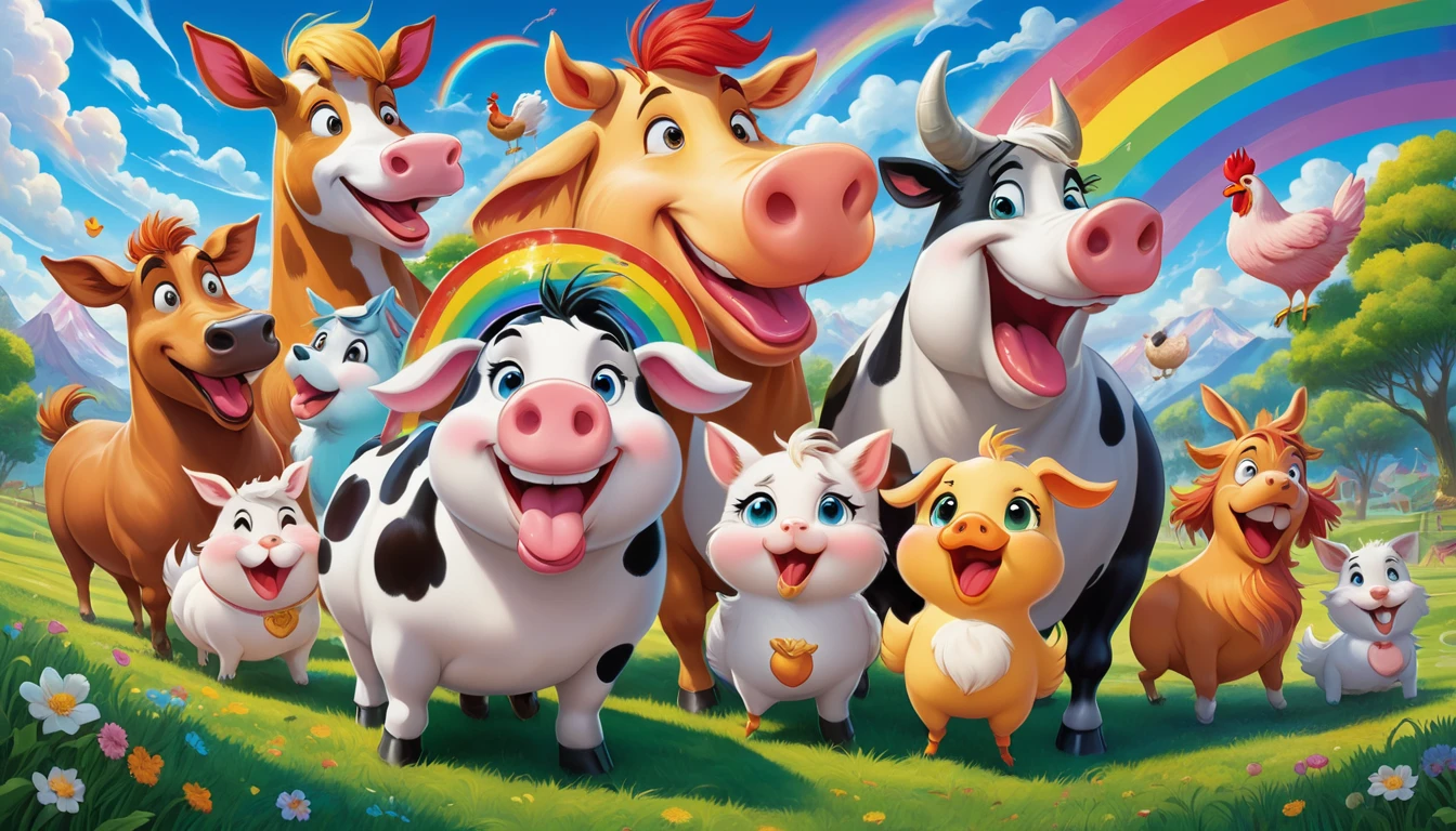A vibrant and humorous scene with a group of laughing anime-style characters surrounding a comically exaggerated cow, pig, horse, dog, cat and chicken with spiraled eyes and a large, drooling tongue. The characters display various expressions of amusement, some pointing and laughing, others covering their mouths. The background features a bright, colorful sky with radiant sun rays, blossoming cherry trees, and a rainbow. The setting appears to be a park or outdoor area with lush green grass. The characters wear casual modern clothing, with vivid colors and detailed textures. The overall style is highly saturated, energetic, and cartoonish, capturing a fun and playful atmosphere.