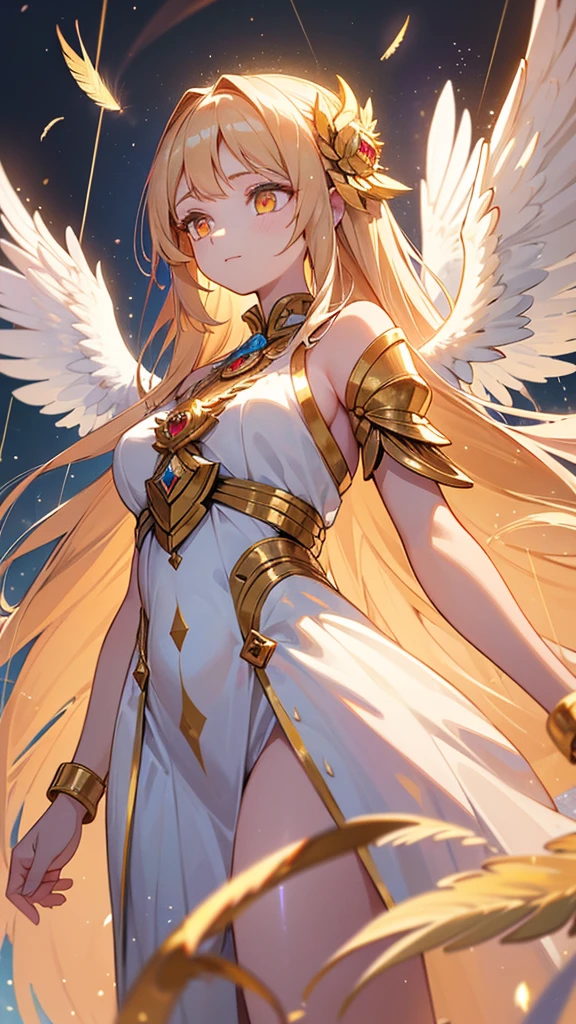 A fantastical and divine goddess. She is an 18-year-old high school girl wearing a , with golden eyes and two enormous wings sprouting from her back. She stands against a white background, with light particles and feathers raining down around her. The illustration should be high resolution and highly detailed, capturing her divine presence as a masterpiece.
