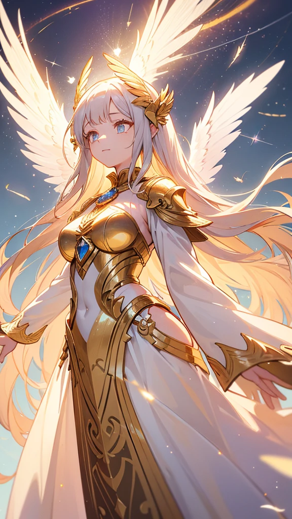 A fantastical and divine goddess. She is an 18-year-old high school girl wearing a , with golden eyes and two enormous wings sprouting from her back. She stands against a white background, with light particles and feathers raining down around her. The illustration should be high resolution and highly detailed, capturing her divine presence as a masterpiece.