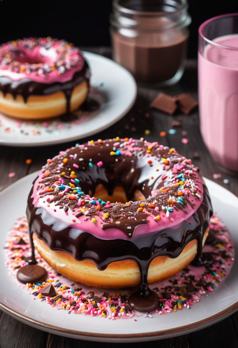 magic doughnut on dish glassed with pink and chocolate, sprinkles, delicious, perfect baked , OverallDetail-SDXL, extremely detailed, UHD,(long exposure , dystopian but extremelybeautiful:1.4), devils contract, bokeh,crystal cake,