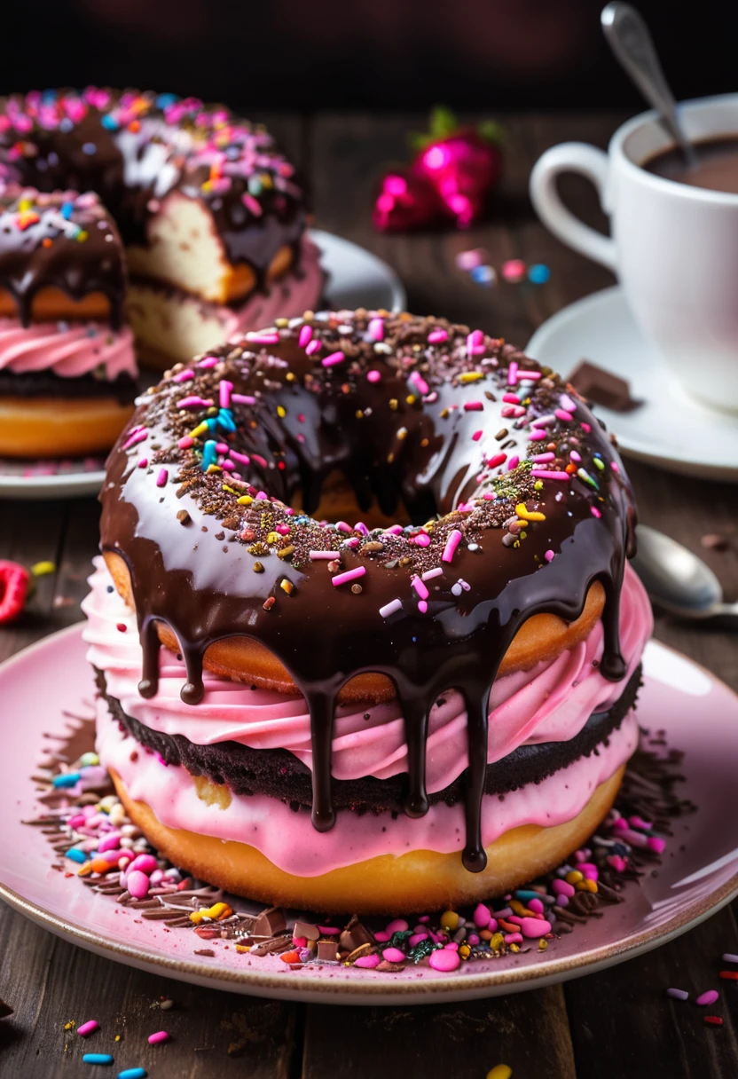 magic doughnut on dish glassed with pink and chocolate, sprinkles, delicious, perfect baked , OverallDetail-SDXL, extremely detailed, UHD,(long exposure , dystopian but extremelybeautiful:1.4), devils contract, bokeh,crystal cake, 