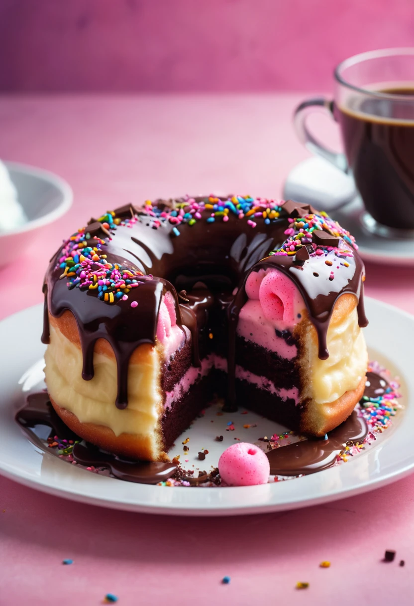 magic doughnut on dish glassed with pink and chocolate, sprinkles, delicious, perfect baked , OverallDetail-SDXL, extremely detailed, UHD,(long exposure , dystopian but extremelybeautiful:1.4), devils contract, bokeh,crystal cake,