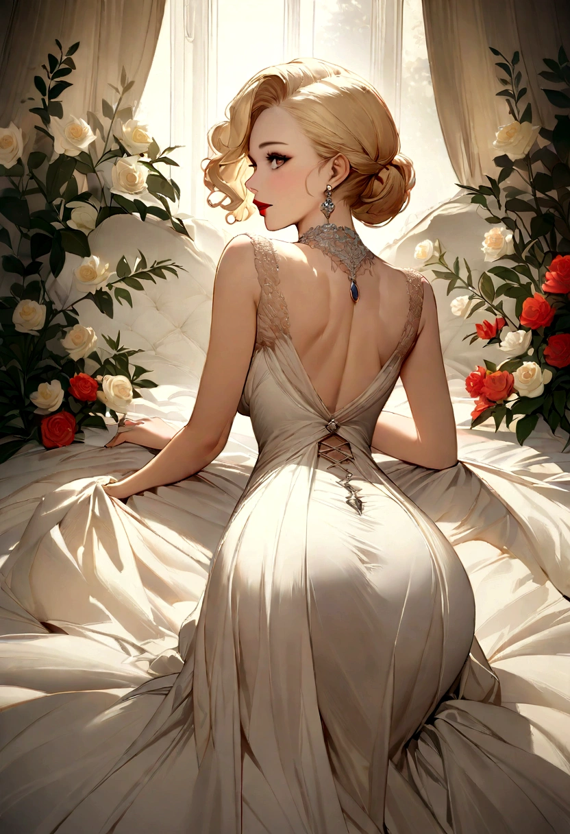 (Masterpiece - Ultra-Detailed, High Resolution) Prepare to be enchanted by a true masterpiece that combines ultra-detailed art with high-resolution rendering. This work shows a mesmerizing woman, with short, light blonde hair, 1950s style, Marilyn Monroe (1.3) and captivating brown eyes (1.2), New York illustration style, wearing red lipstick, (red lipstick) emanating an aura of elegance and mystery. Wearing classic 1950s clothing. Intricate details and realistic textures invite you to explore every aspect of this enchanting composition. Transparent white dress. Laying in the bed. backwars, Looking back. Get ready to dive into a world where beauty and craftsmanship merge perfectly.