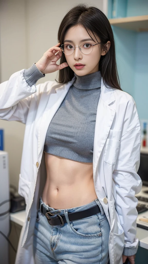 Girl in Laboratory, Turtle-neck, lab coat, showing navel, belt , well-dressed, glasses, blue jean, low waist , laboratory
, ID Card