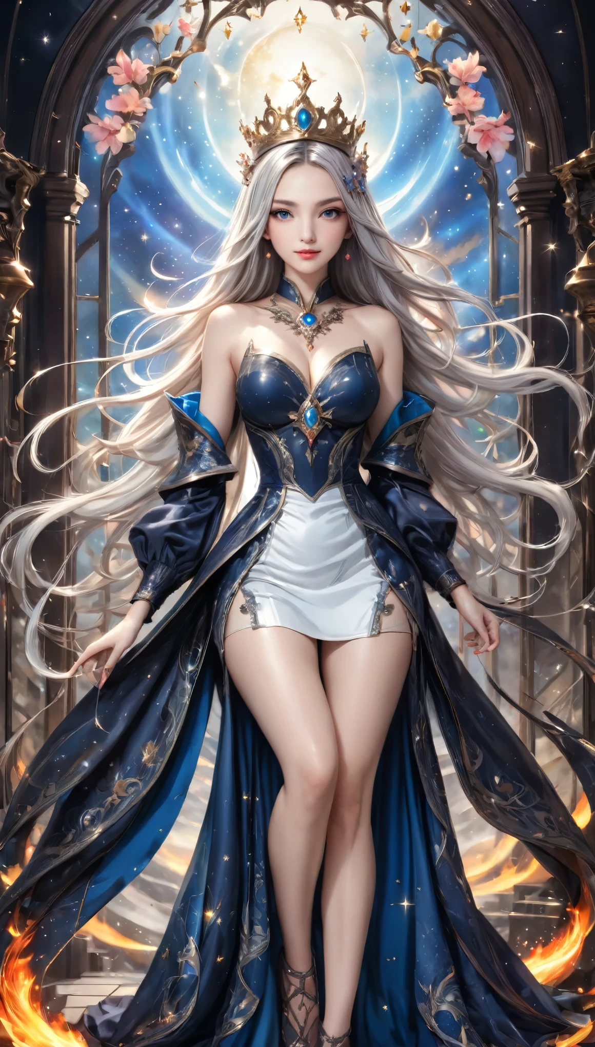 8K resolution, masterpiece, Highest quality, Award-winning works, unrealistic, From above, erotic, sole sexy lady, healthy shaped body, 22 years old, black mage, 165cm tall, huge firm bouncing busts,, white silver long wavy hair, Detailed facial depictions, Break, Mysterious blue eyes, Standard nose, Eyeliner, pink lips, sexy long legs, Clear skin, holy knight, Gothic ruffle long dress, A dress with a complex structure, Seven-colored colorful dress, Clothed in flames, royal coat of arms, elegant, Very detailed, Delicate depiction of hair, miniature painting, Digital Painting, artステーション, コンセプトart, Smooth, Sharp focus, shape, artジャム、Greg Rutkowski、Alphonse Mucha、William Adolphe Bouguereau、art：Stephanie Law , Royal Jewel, nature, Symmetric, Greg Rutkowski, Charlie Bowwater, Unreal, Surreal, Dynamic Lighting, ファンタジーart, Complex colors, Colorful magic circle, flash, dynamic sexy poses, A kind smile, Mysterious Background, Aura, A gentle gaze, BREAK, Small faint lights and flying fireflies, night, lanthanum, 山の頂From above下界を見下ろす, Starry Sky, milky way, nebula, shooting star