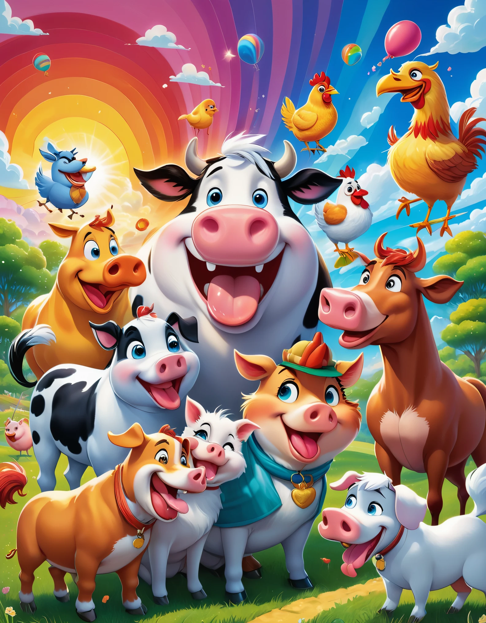 A vibrant and humorous scene with a group of laughing anime-style characters surrounding a comically exaggerated cow, pig, horse, dog, cat and chicken with spiraled eyes and a large, drooling tongue. The characters display various expressions of amusement, some pointing and laughing, others covering their mouths. The background features a bright, colorful sky with radiant sun rays, blossoming cherry trees, and a rainbow. The setting appears to be a park or outdoor area with lush green grass. The characters wear casual modern clothing, with vivid colors and detailed textures. The overall style is highly saturated, energetic, and cartoonish, capturing a fun and playful atmosphere.