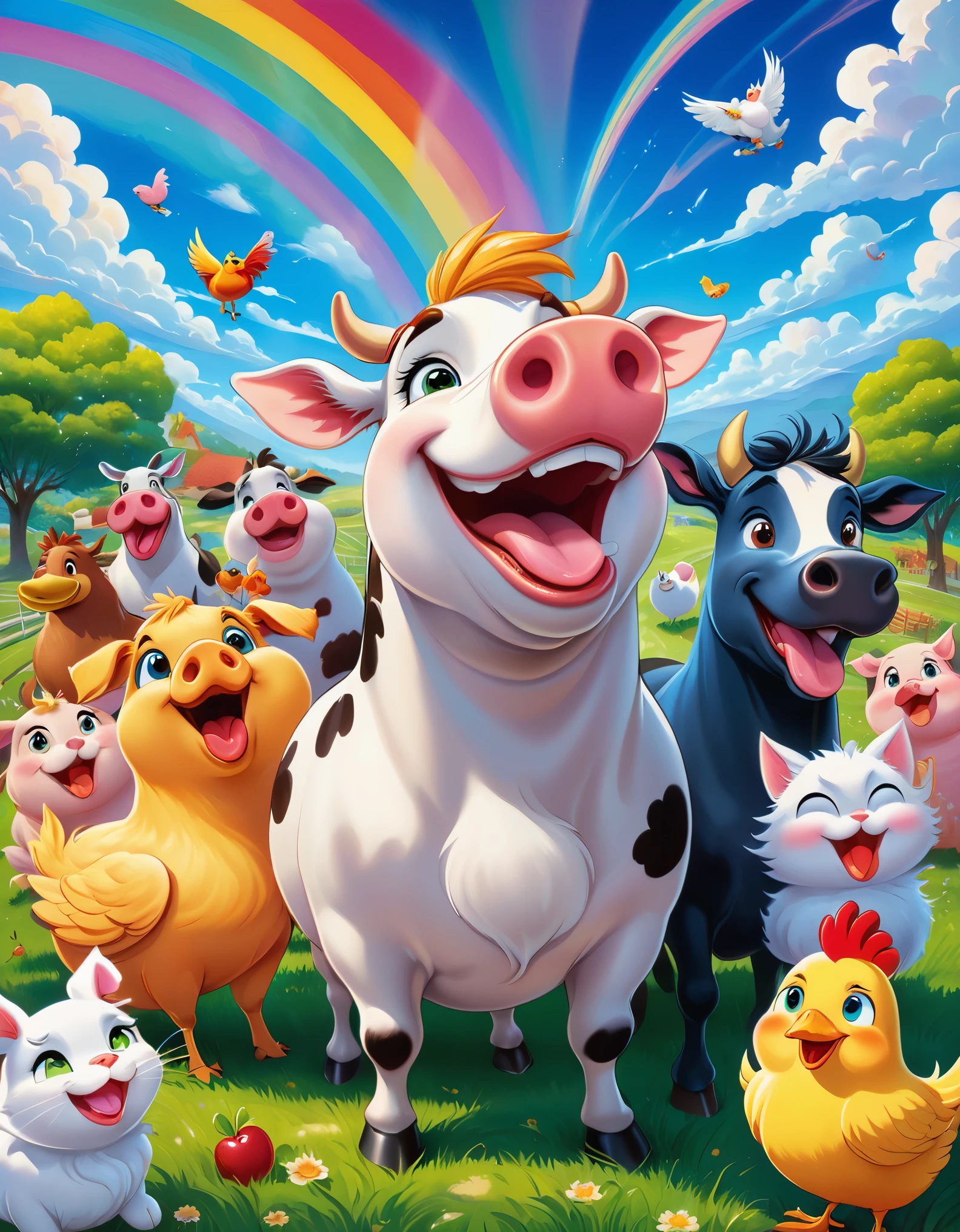 A vibrant and humorous scene with a group of laughing anime-style characters surrounding a comically exaggerated cow, pig, horse, dog, cat and chicken with spiraled eyes and a large, drooling tongue. The characters display various expressions of amusement, some pointing and laughing, others covering their mouths. The background features a bright, colorful sky with radiant sun rays, blossoming cherry trees, and a rainbow. The setting appears to be a park or outdoor area with lush green grass. The characters wear casual modern clothing, with vivid colors and detailed textures. The overall style is highly saturated, energetic, and cartoonish, capturing a fun and playful atmosphere.