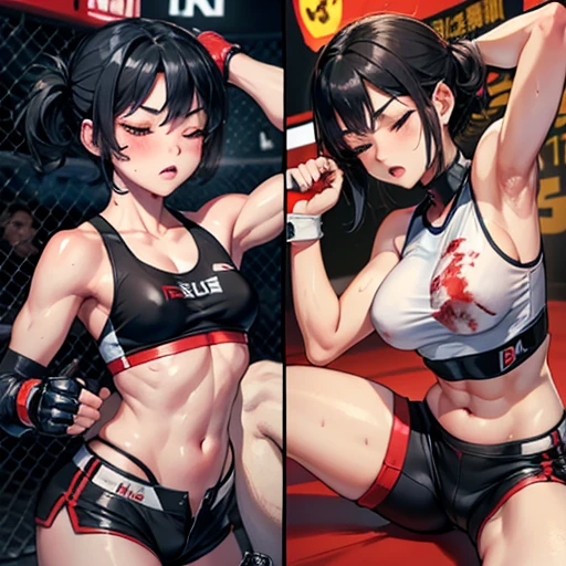 Beautiful young female mixed martial artist fighting in the octagon ring。He is lying face-down with his arms stretched out above his head.。Sweaty。Very weak。Covered in bruises。Bloody。shortness of breath。Drooling。Short black hair。Open Finger Gloves。Erect nipples。Eyes closed。Sports Bra、High leg shorts。