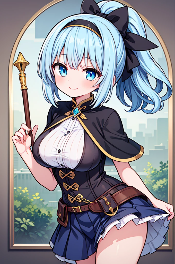 Fantasy,steampunk,((Masterpiece)),((high resolution)),((Best Quality)),Anime illustration,((1girl)),(wavy hair),(short hair),(pale blue hair color),ponytail,headband,Big, round, blue eyes,Droopy eyes,15 years old,baby face and big breasts,(big breasts),Short stature,,wizard,sleeveless white blouse,Blue mini skirt,slit,Brown corset,brown capelet,smile,,Brown long boots,wizard's wand with blue gem,