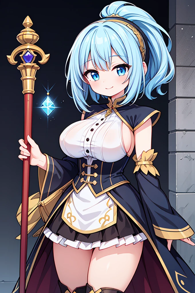 Fantasy,steampunk,((Masterpiece)),((high resolution)),((Best Quality)),Anime illustration,((1girl)),(wavy hair),(short hair),(pale blue hair color),ponytail,headband,Big, round, blue eyes,Droopy eyes,,baby face and big breasts,(big breasts),Short stature,,wizard,sleeveless white blouse,Blue mini skirt,slit,Brown corset,brown capelet,smile,,Brown long boots,wizard's wand with blue gem,