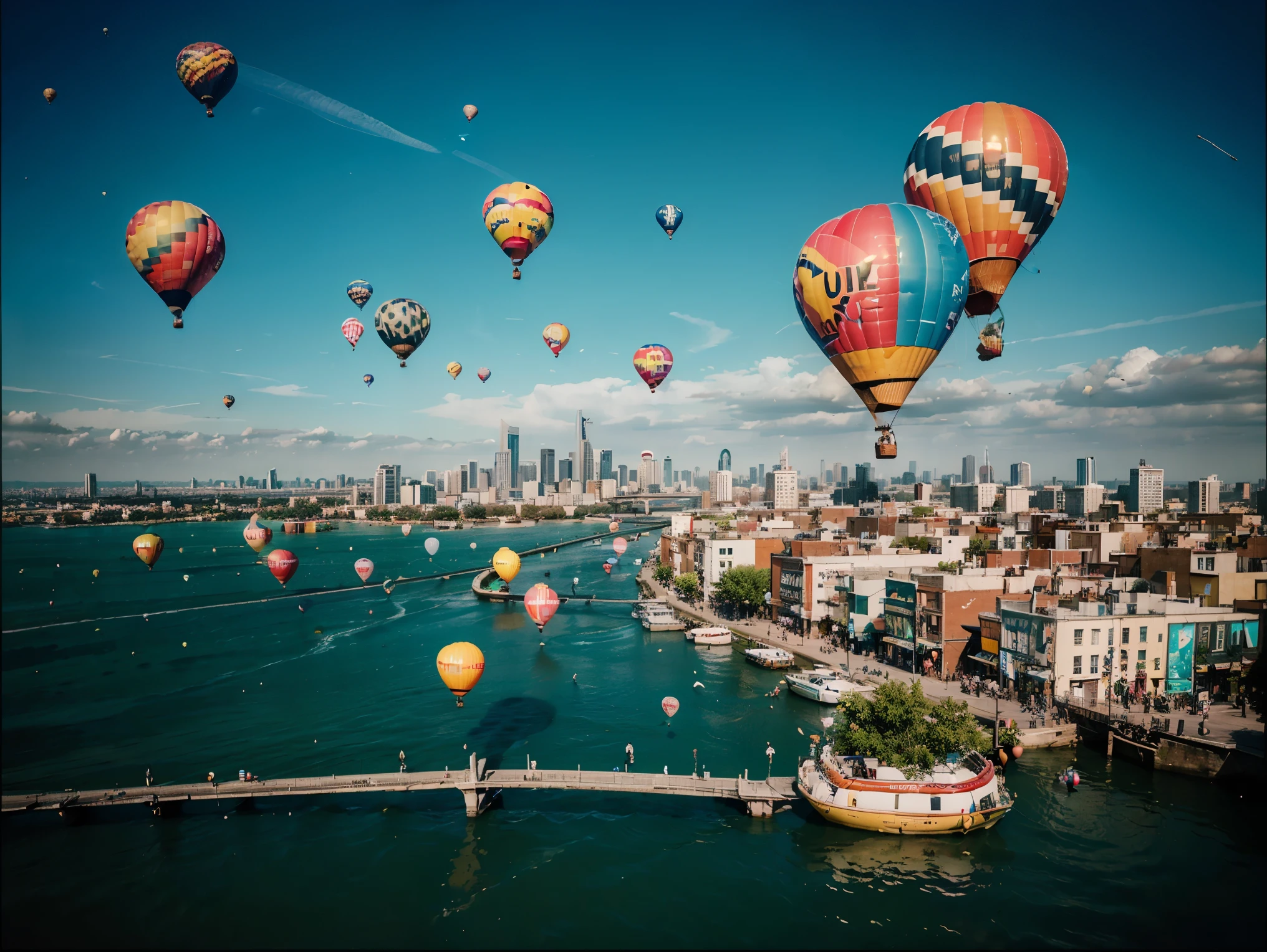 balloons floating in the air over a city with a view of a city, a colorized photo by Chris LaBrooy, pexels contest winner, surrealism, baloons, balloons, balloons, floating in the air, flying in the air over city, happy birthday, floating in air, balloon, flying over a city, detailed conceptual photography, soaring above a dense city