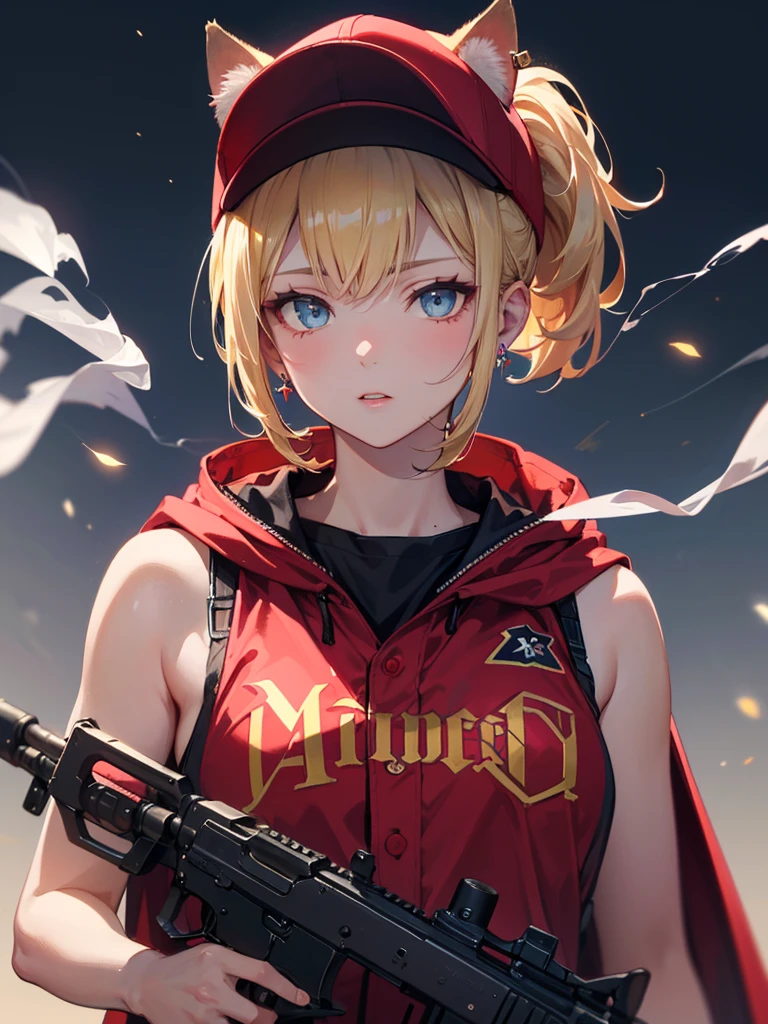 ((kalashnikov_rifle,assault_rifle ,holding_gun))  (((Blonde hair　short ponytail　Wear a cap)))　((cyber punk　Earrings　Smoke a cigarette  solo)),((Shining Moon　Shining Background)) ,((Cat ears)), ((Sleeveless)),((Wine Red Baseball Cap)),((Wearing a wine red baseball uniform))、((Red Cape))、Pale blue eyes ,upper body,(Best Quality, 8k, Oil painting, Mastepiece:1.2), Super detailed, (Realism, It&#39;s photorealistic:1.37), 