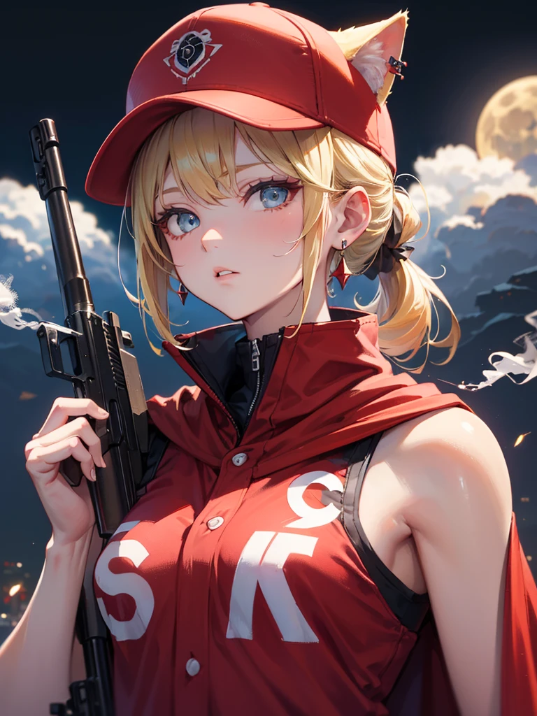 ((kalashnikov_rifle,assault_rifle ,holding_gun))  (((Blonde hair　short ponytail　Wear a cap)))　((cyber punk　Earrings　Smoke a cigarette  solo)),((Shining Moon　Shining Background)) ,((Cat ears)), ((Sleeveless)),((Wine Red Baseball Cap)),((Wearing a wine red baseball uniform))、((Red Cape))、Pale blue eyes ,upper body,(Best Quality, 8k, Oil painting, Mastepiece:1.2), Super detailed, (Realism, It&#39;s photorealistic:1.37), 