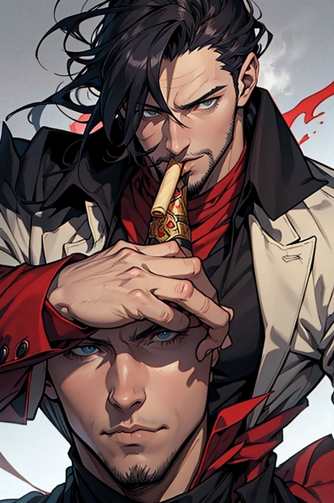 A picture of a man with a cigar in his mouth, Handsome men from Demon Slayer, Portrait of Shanks le Roux, Jan J, Male art, Very detailed fan art, Gendo Ikari smoking a joint, Anime Handsome Man, Gweiz-style artwork, Kentaro Miura art, A mix of Johan Liebert and Alucard