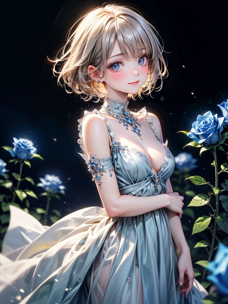 (masterpiece),((highest quality)),(Perfect Anatomy),(beautiful and luxurious:1.2),1 girl,facial expressions of happiness,small breasts,silver hair,Beautiful and exquisite blue eyes,Beautiful white dress,Transparency,short hair,(blue fractal art:1.3),soft colors,vivid tones,cinematic lighting,(Highly detailed 2D illustrations),((very delicate and beautiful)),Silky to the touch,cowboy shot,(From the side),(sideways glance),like a dream and happiness atmosphere,Standing in a park full of blue roses