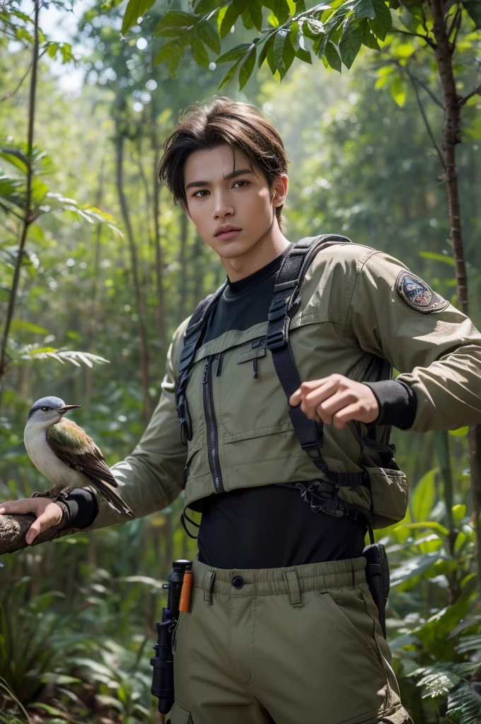 (high quality, 4K, Human Development Report) 1 boy, adventurer, have, Off-road clothing, brave adventurer, Beautiful colors in the sky, birds in background, animal, Large forest area, Pants. (masterpiece, Ultra-realistic professional lighting, Ultra-thin 8K, Detailed background texture, Sharp face，Perfect brushstrokes.