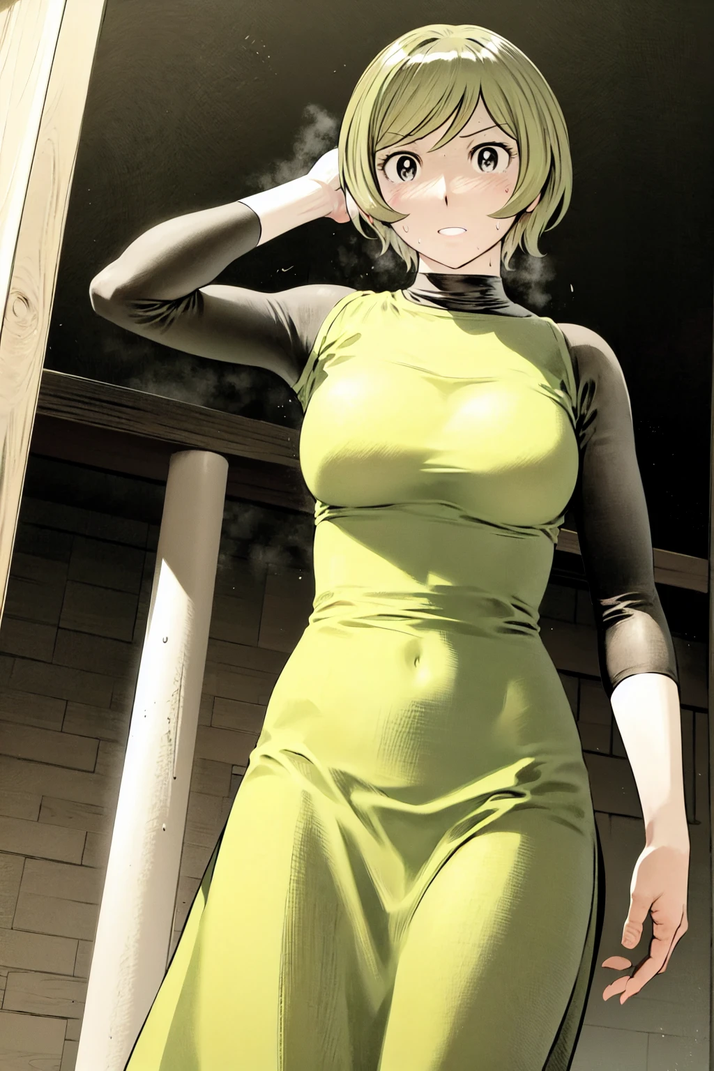 、(masterpiece、Highest quality)、Highest quality, Ultra-high resolution, (((masterpiece))), alone, Sweat、Big eyes,No sleeve、Outdoor、Floral dress、Composition from the front、(Cut the back hair short、short hair、blonde、woman)、Shortcuts、Embarrassed face、Cut your hair short、可愛いwomanの子、Big Breasts