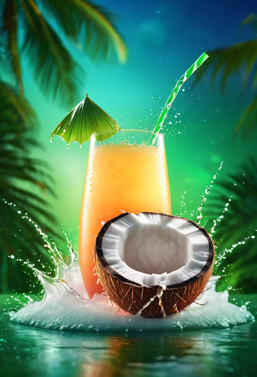 refreshing, vibrant glowing coconut juice drink,dew drops,refreshing , in the style of a product hero shot in motion, dynamic magazine ad image, photorealism, sleep and mystical elements around the background