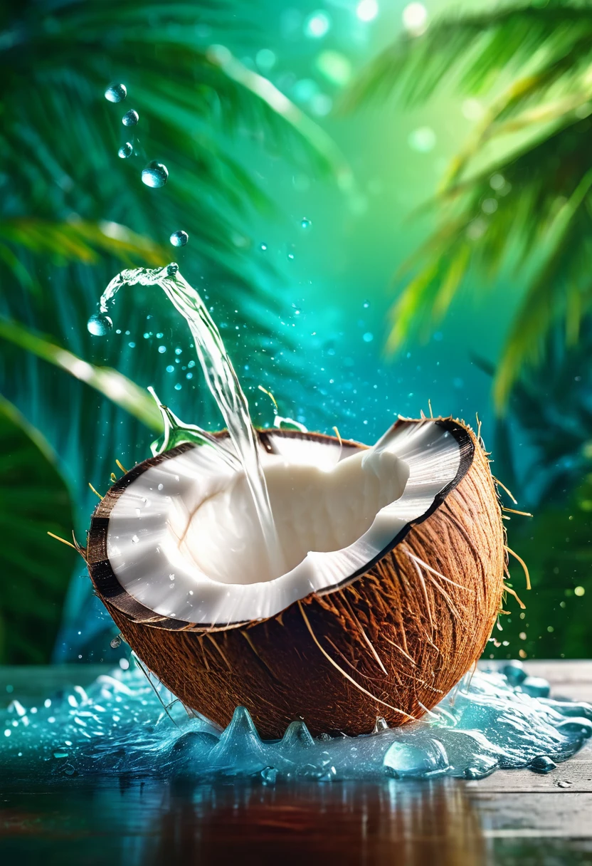 refreshing, vibrant glowing coconut juice drink,dew drops,refreshing , in the style of a product hero shot in motion, dynamic magazine ad image, photorealism, sleep and mystical elements around the background