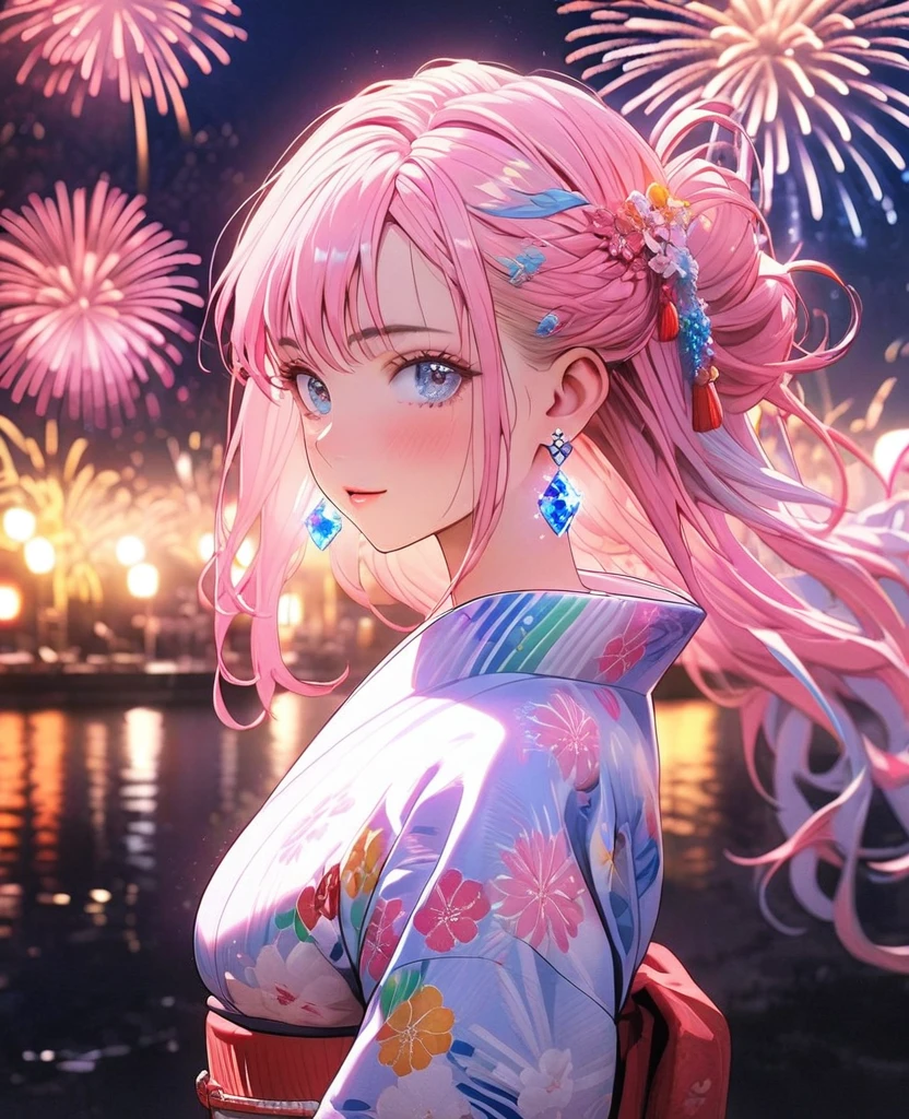 8K,gal，Beautiful and realistic skin,Shiny jewel-like earrings，Pink glowing tattoo,Long colorful hair,blue eyes,whole body,Night view,yukata,Big sparkling fireworks