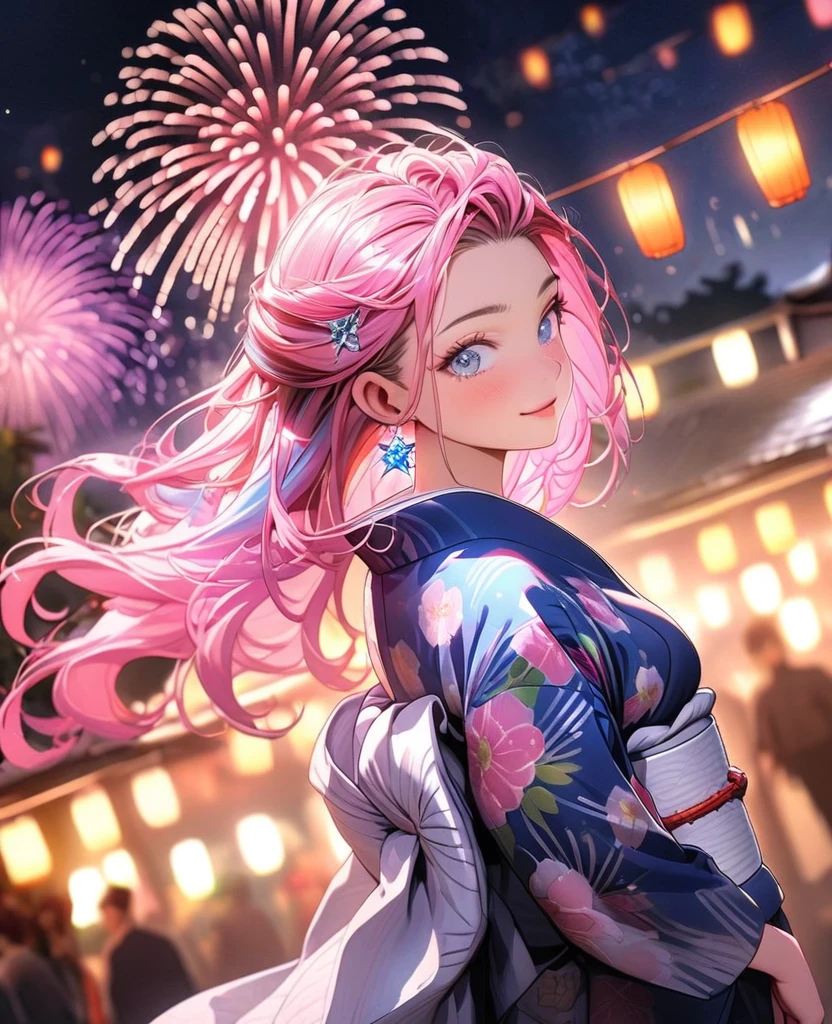 8K,gal,Beautiful and realistic skin,Shiny jewel-like earrings,Pink glowing tattoo,Long colorful hair,blue eyes,whole body,Night view,yukata,Big sparkling fireworks